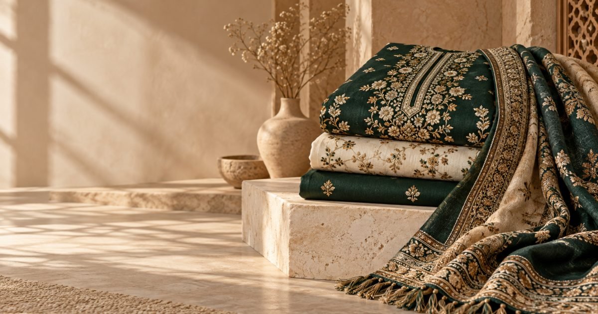 Heavy embroidered 3 piece suits with wool shawls in green and ivory winter fabric
