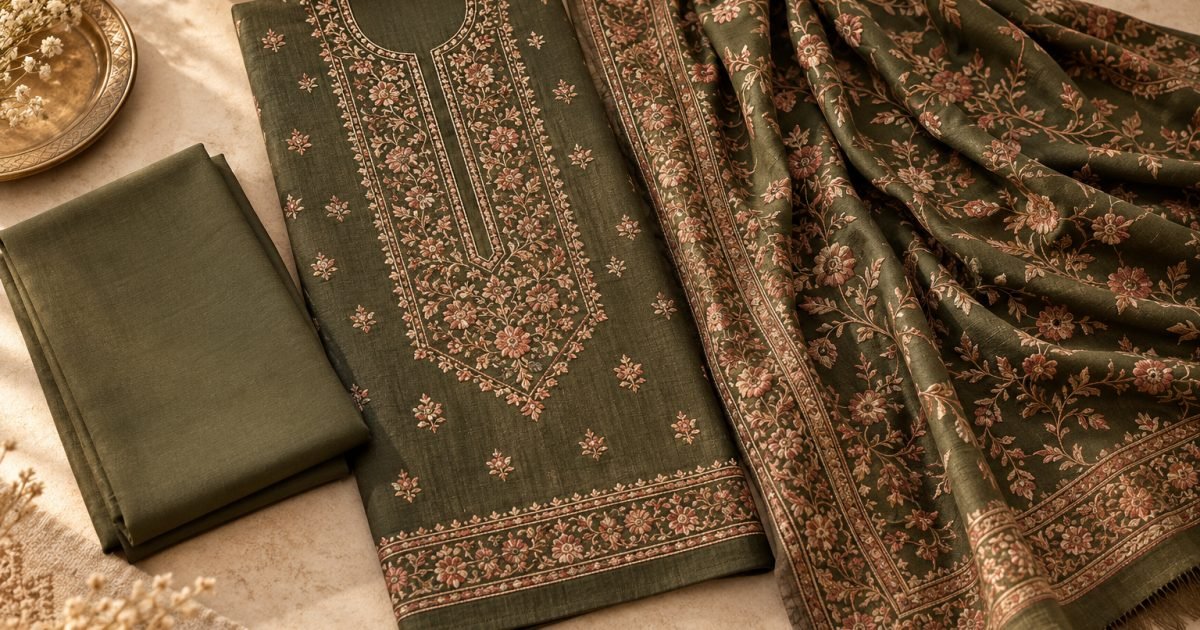 Rajbari inspired embroidered Dhank suit with matching plain trouser and embroidered winter shawl