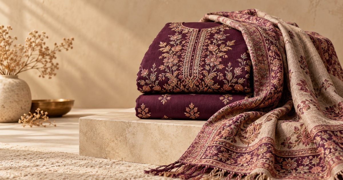 Beechtree Winter 2026 heavy embroidered Dhank three-piece unstitched suit with coordinating wool shawl displayed as a winter outfit.