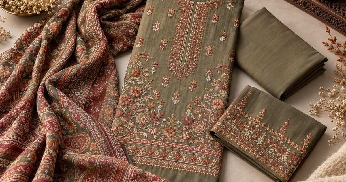 Illustrative flat lay of an embroidered winter suit with coordinating fabrics