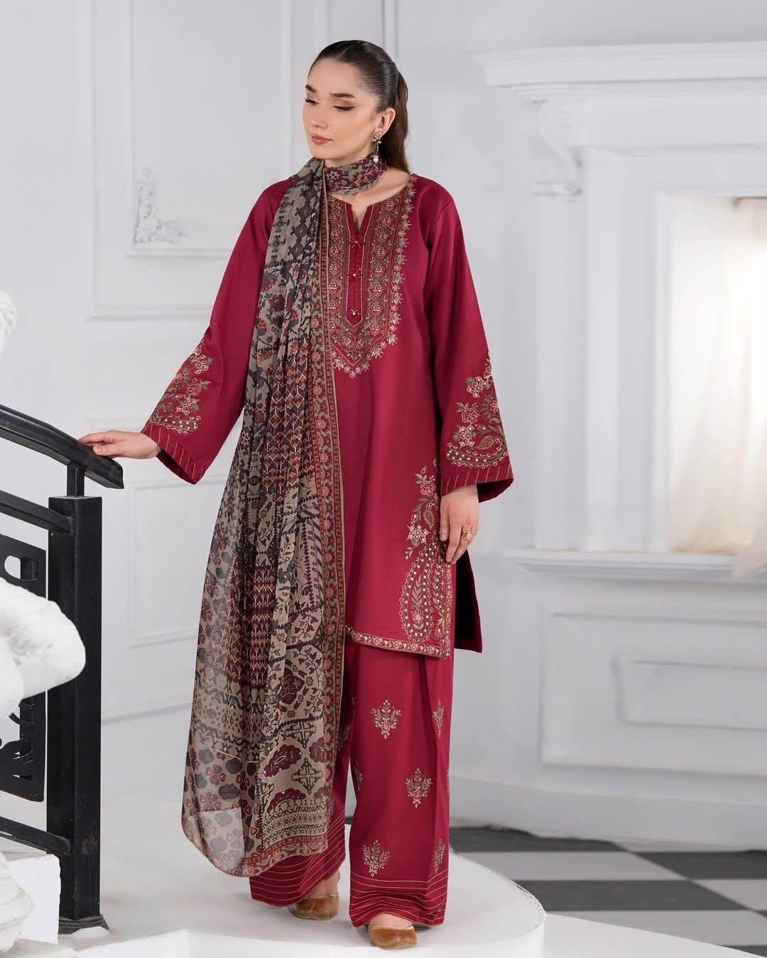 Batik Winter 2026 Heavy Embroidered Dhank 3 Piece Unstitched Suit with Wool Shawl - Image 2